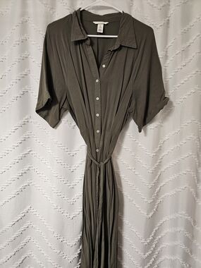 H&M Olive Green Button-Front Midi Dress with Tie Waist